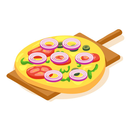 Vegetarian pizza icon isometric vector. Fresh pizza with vegetable on wood board. Italian cuisine, homemade food, hearty mealのイラスト素材