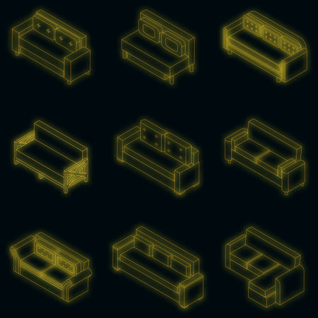 Sofa icon set. Isometric set of sofa vector icons neon color on blackのイラスト素材