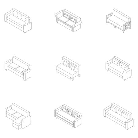 Sofa icon set. Isometric set of sofa vector icons outline thin lne isolated on whiteのイラスト素材