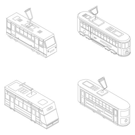 Tram car icon set. Isometric set of tram car vector icons outline thin lne isolated on whiteのイラスト素材