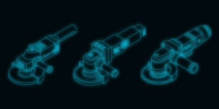 Angle grinder icons set. Isometric set of angle grinder vector icons neon color on blackのイラスト素材