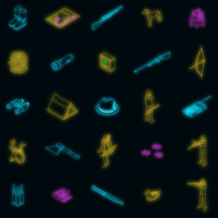Hunting modern equipment icons set. Isometric set of hunting modern equipment vector icons neon color on blackのイラスト素材
