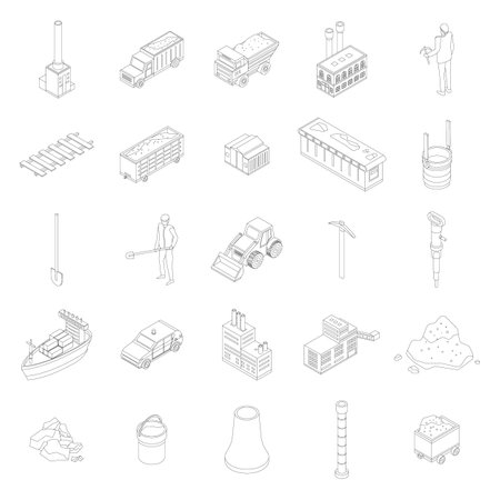 Coal industry icons set. Isometric set of coal industry vector icons outline thin lne isolated on whiteのイラスト素材