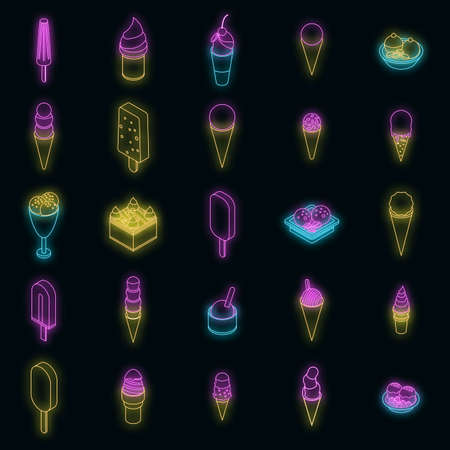 Ice cream icons set. Isometric set of ice cream vector icons neon color on blackのイラスト素材