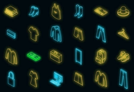 Clothing store icons set. Isometric set of clothing store vector icons neon color on blackのイラスト素材