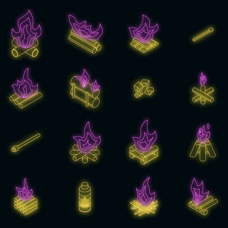 Campfire icons set. Isometric set of campfire vector icons neon color on blackのイラスト素材