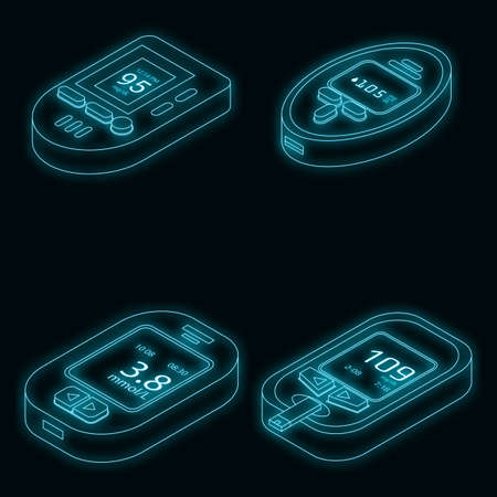 Glucose meter icons set. Isometric set of glucose meter vector icons neon color on blackのイラスト素材