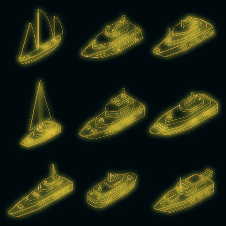 Yacht icons set. Isometric set of yacht vector icons neon color on blackのイラスト素材