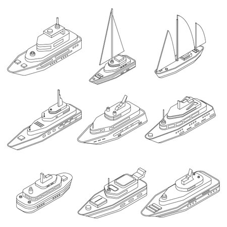 Yacht icons set. Isometric set of yacht vector icons outline thin lne isolated on whiteのイラスト素材
