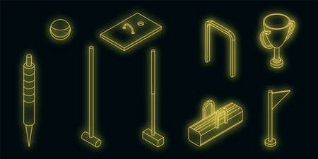 Croquet icons set. Isometric set of croquet vector icons neon color on blackのイラスト素材