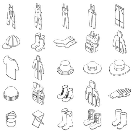 Fisherman clothes icons set. Isometric set of fisherman clothes vector icons outline thin lne isolated on whiteのイラスト素材
