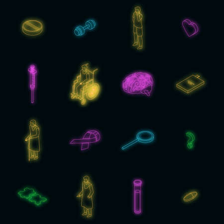 Alzheimers disease icons set. Isometric set of alzheimers disease vector icons neon color on blackのイラスト素材