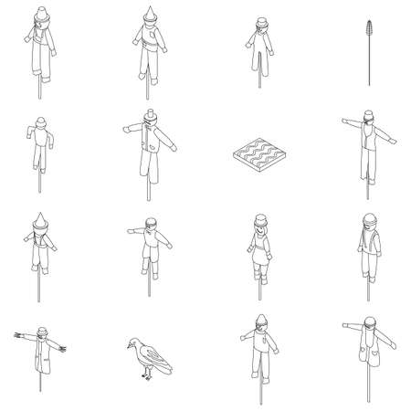 Scarecrow icons set. Isometric set of scarecrow vector icons outline thin lne isolated on whiteのイラスト素材