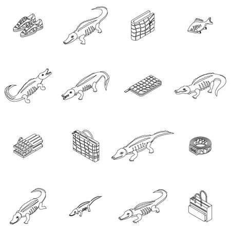 Crocodile icons set. Isometric set of crocodile vector icons outline thin lne isolated on whiteのイラスト素材
