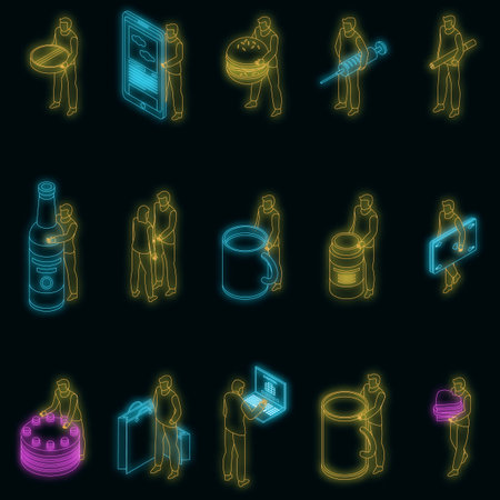 Addiction icons set. Isometric set of addiction vector icons neon color on blackのイラスト素材