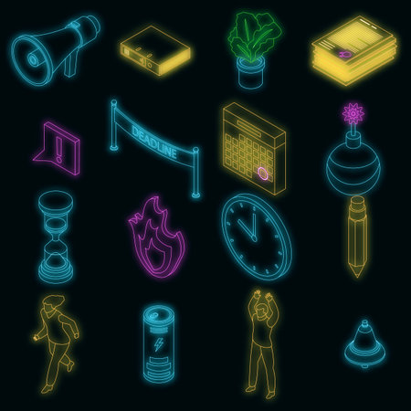 Deadline icons set. Isometric set of deadline vector icons neon color on blackのイラスト素材