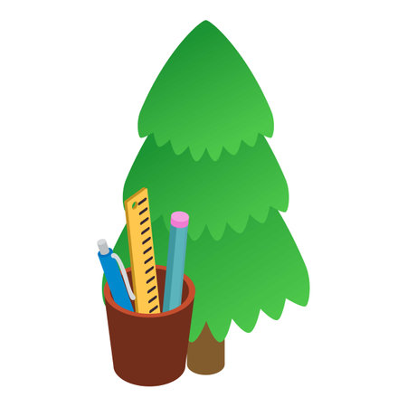 School accessory icon isometric vector. Stationery in pen holder near pine tree. School office, education conceptのイラスト素材