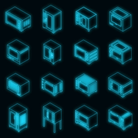 Convection oven icons set. Isometric set of convection oven vector icons neon color on blackのイラスト素材
