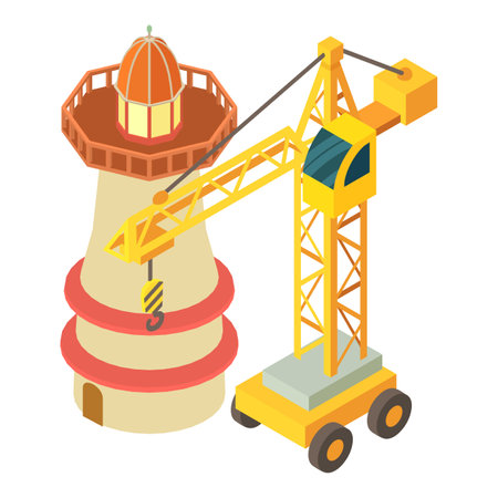 Building site icon isometric vector. Construction crane near big lighthouse icon. Building, repair, reconstructionのイラスト素材