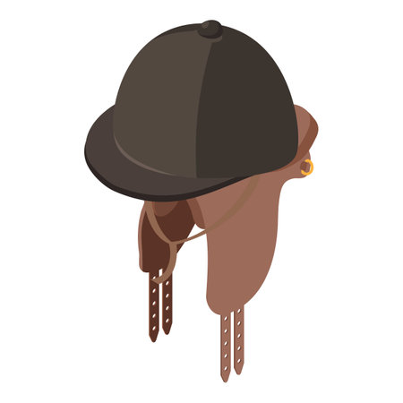 Equestrian icon isometric vector. Brown horse saddle and classical jockey cap. Horseback riding, hobbyのイラスト素材