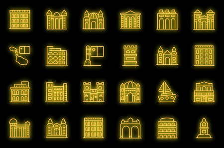 Malta icons set outline vector. Architecture building. Landmark skyline neon color on blackのイラスト素材