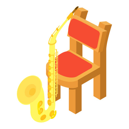 Saxophone icon isometric vector. Wind musical instrument near wooden chair icon. Music and art conceptのイラスト素材