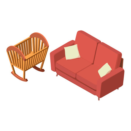 Baby furniture icon isometric vector. Wooden cradle and red sofa with cushion. Children room, interior elementのイラスト素材