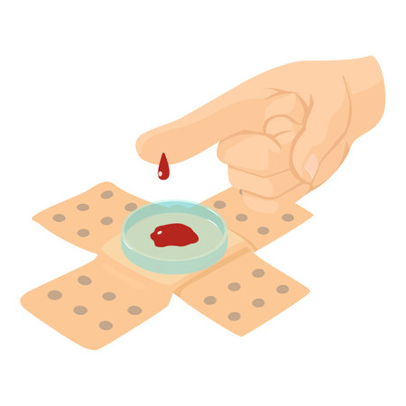 Blood analysis icon isometric vector. Finger with blood drop and petri dish icon. Laboratory, prevention conceptのイラスト素材