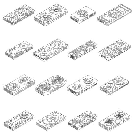 Graphics card icons set. Isometric set of graphics card vector icons for web design isolated on white background outlineのイラスト素材