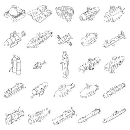 Bathyscaphe icons set. Isometric set of bathyscaphe vector icons for web design isolated on white background outlineのイラスト素材