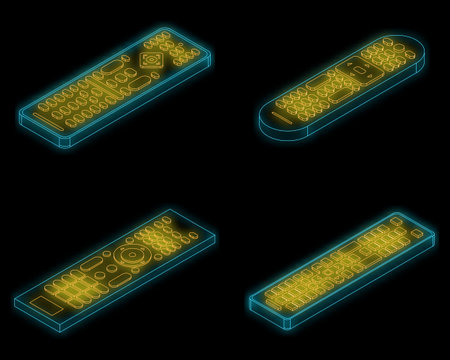 Remote icons set. Isometric set of remote vector icons neon isolated on black backgroundのイラスト素材