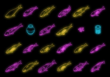 Koi carp icons set. Isometric set of koi carp vector icons neon on black isolatedのイラスト素材