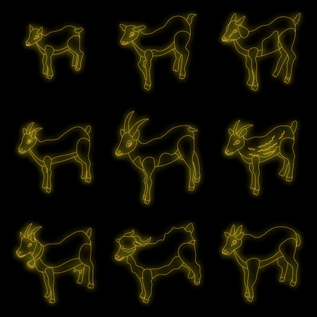 Goat icons set. Isometric set of goat vector icons neon color on blackのイラスト素材