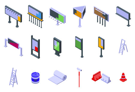 Billboard advertising installation icons set isometric vector. Outdoor large. Town paperのイラスト素材