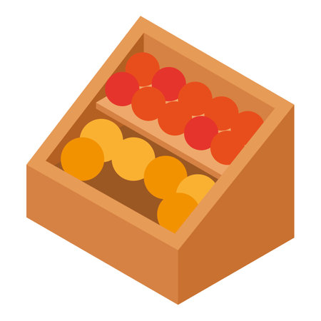Fruit counter icon isometric vector. Wooden rack with colorful fresh fruit icon. Food market stall, farm produce, street tradingのイラスト素材