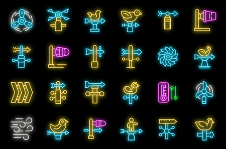 Vane icons set outline vector. Breeze toy. Paper animal neon color on blackのイラスト素材
