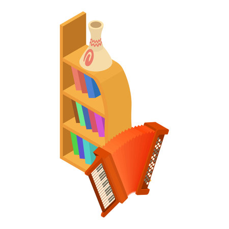 Accordion icon isometric vector. Folk musical instrument near opened bookcase. Music and art conceptのイラスト素材