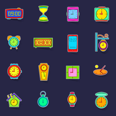 Time and Clock icons set stikers collection vector with shadow on purple backgroundのイラスト素材