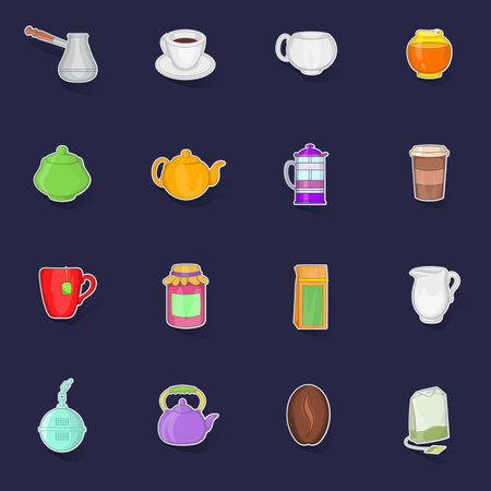 Tea and coffee set stikers collection vector with shadow on purple backgroundのイラスト素材