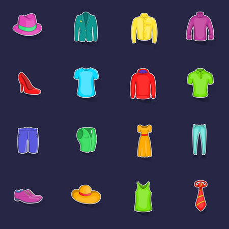 Clothes icons in cartoon style. Fashion set stikers collection vector with shadow on purple backgroundのイラスト素材