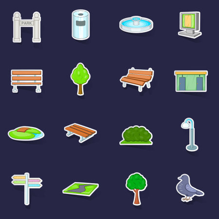 Park icons set stikers collection vector with shadow on purple backgroundのイラスト素材