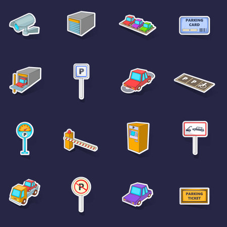 Parking items icons set stikers collection vector with shadow on purple backgroundのイラスト素材