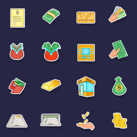Bank loan credit icons set stikers collection vector with shadow on purple backgroundのイラスト素材