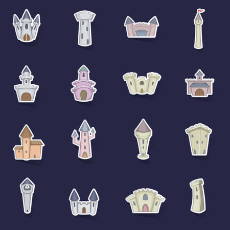 Castle tower icons set stikers collection vector with shadow on purple backgroundのイラスト素材