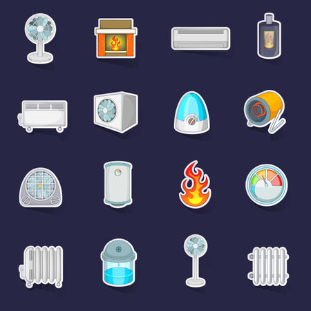 Heating cooling icons set stikers collection vector with shadow on purple backgroundのイラスト素材