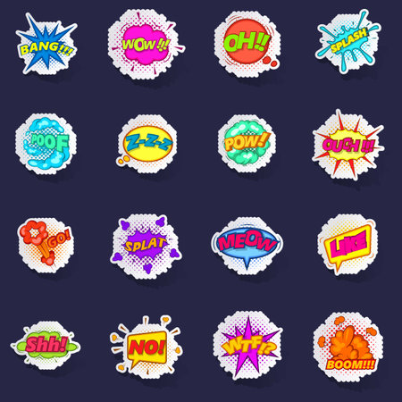 Comic sound cloud icons set stikers collection vector with shadow on purple backgroundのイラスト素材