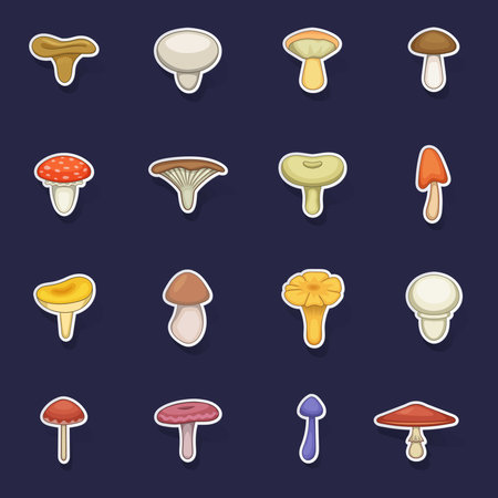 Mushroom icons set stikers collection vector with shadow on purple backgroundのイラスト素材