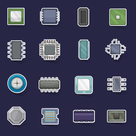 Computer chips icons set stikers collection vector with shadow on purple backgroundのイラスト素材