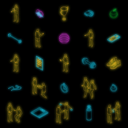 Personal trainer icons set. Isometric set of personal trainer vector icons neon color on black isolatedのイラスト素材