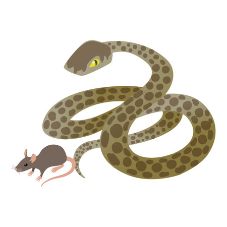 Hunting snake icon isometric vector. Gray mouse near big common anaconda icon. Snake attack, food chainのイラスト素材